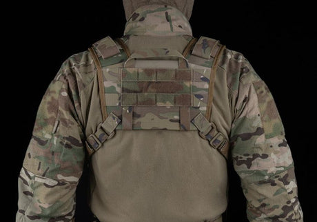  erebus industries Tracker Chest Rig in multicam pattern, close up view of back side, highlighting padded comfort harness and molle webbing