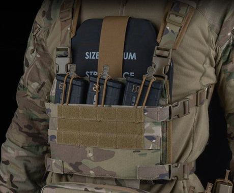 Erebus industries tracker chest rig in multicam pattern, front view close up highlighting included body armor plate carrier with ballistic plate inserted, 556 magazines inserted into 5.56 magazine pouch