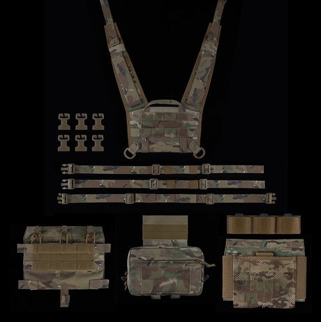 Erebus Industries Tracker Chest Rig in Multicam pattern, Disassembled highlighting included admin pouch, 556 magazine pouch insert, and padded chest rig harness.