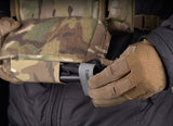 erebus industries MKII Chest Rig in multicam pattern, front view close up, on model, highlighting tourniquet sleeve attached to admin pouch, tourniquet inserted into sleeve