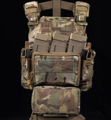 erebus industries MKII Chest Rig in multicam pattern, H harness removed mounted onto plate carrier, Magazines inserted in 556 mag pouch and pistol pouches, included admin pouch attached