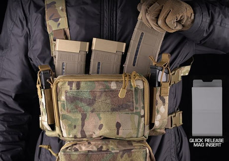 erebus industries MKII Chest Rig in multicam pattern, on model removing magazine from 556 magazine pouch, highlighting the kydex inserts quick release mag insert, pistol magazines in pistol mag pouch, dangler admin pouch attached 