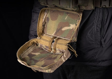 erebus industries MKII Chest Rig in multicam pattern, front view close up, highlighting internal velcro of admin pouch showing extra storage mounts, 