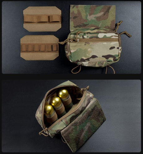 erebus industries mkIV chest rig in multicam pattern close up of admin pouch, dangler pouch, highlighting internal organization , showing included inserts