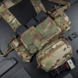 erebus industries MKIV Chest Rig in multicam pattern, Main display, 556 magazines and 9mm pistol magazines inserted into pouches, Dangler admin pouch attached with tourniquet inserted 