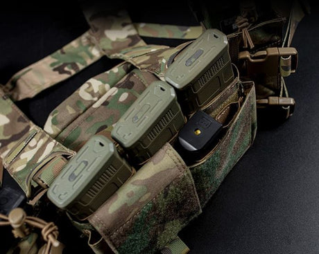erebus industries MKIV Chest Rig in multicam pattern, close up top down product display hightlighting 556 magazine pouches and pistol pouches, with mags inserted