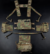 erebus industries MKIV Chest Rig in multicam pattern, front view, dissasembed highlighting key compenets, main 556 magazine pouch and placard, included admin pouch, included h harness with molle webbing, and included wing pouches for radios. 