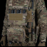 erebus industries Tracker Chest Rig in multicam pattern, worn on model mounted on plate carrier, side view with 556 magazines inserted in pouch. also included in battle belt with pistol mag pouch and single 5.56 mag pouch