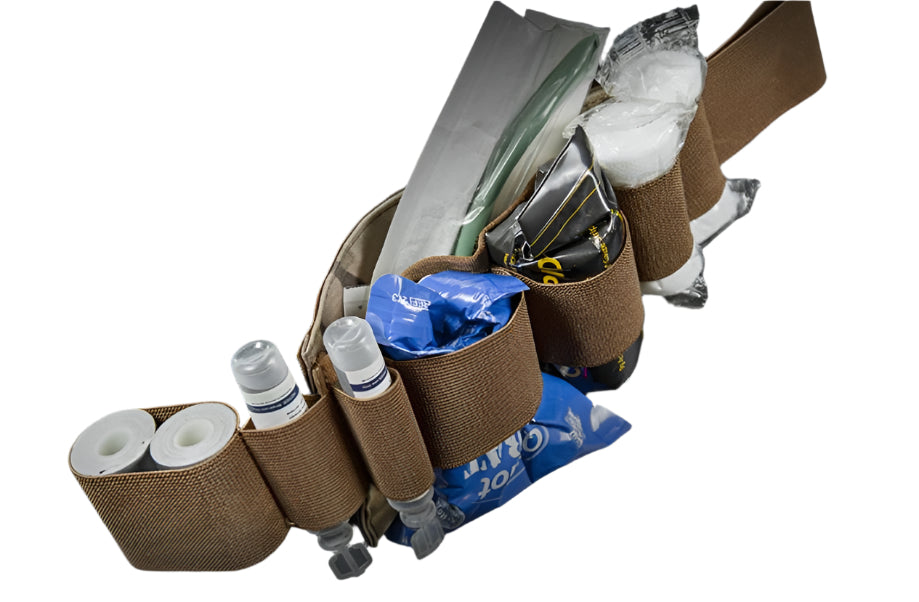 Erebus industries Ifak insert type a, side view, loaded with medical supplies, for medical pouches. in multicam pattern.