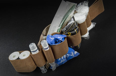 Erebus industries Ifak insert type a, side view, loaded with medical supplies, for medical pouches. in multicam pattern.