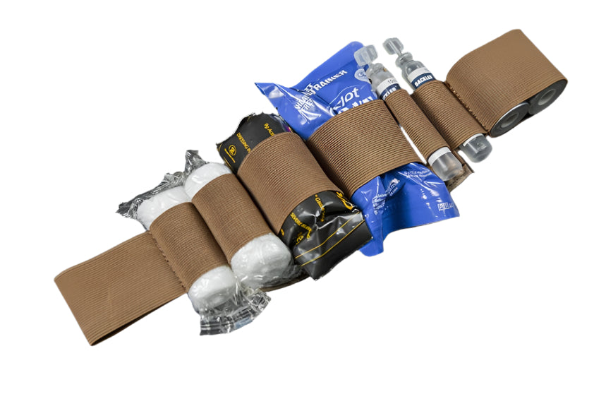 Erebus industries Ifak insert type a, Front view, with medical supplies inserted, for medical pouches. in multicam pattern.