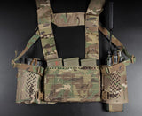 erebus industries slick rig chest rig in multicam, front view showing added accessories and magazines inserted.