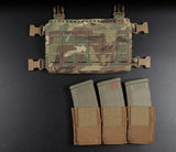 erebus industries slick rig chest rig front view, in multicam pattern, H-harness removed showcasing as standalone placard and included magazine pouch inserts.