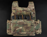 erebus industries slick rig chest rig in multicam pattern, Front view, H harness removed with placard attached to front of plate carrier, AK 7.62 magazines inserted.