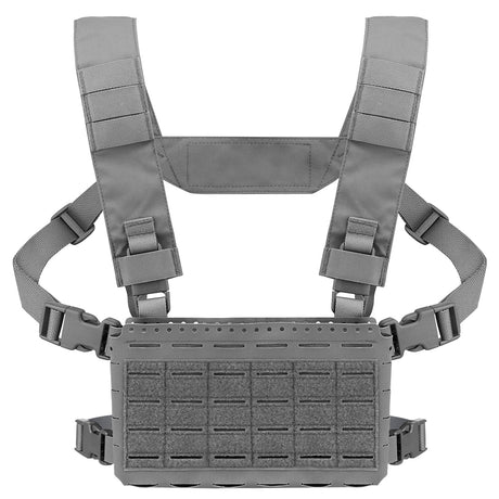 Erebus Industries Slick Rig Chest Rig in Wolf Grey, front view.