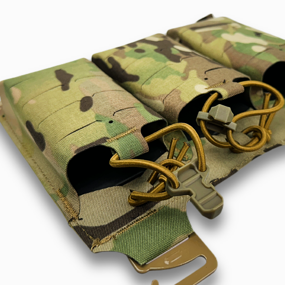 v5 pc placard in multicam 556 magazine pouch with magazine inserted for plate carriers product display close up featuring bungee retention
